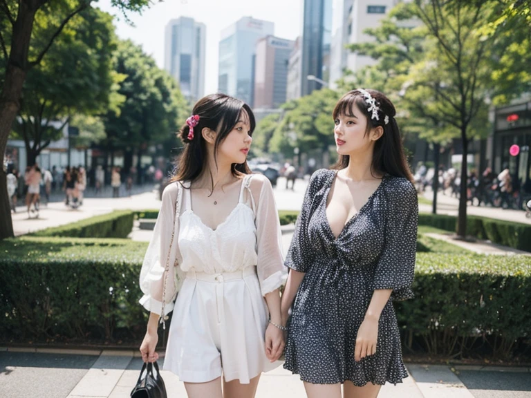 Best quality, high resolution, 8K, two girls, Japanese, hugging, best smile, summer clothes, street fashion, short hair,  beautiful woman, pretty face, cute face, two cute people, Tokyo cityscape
