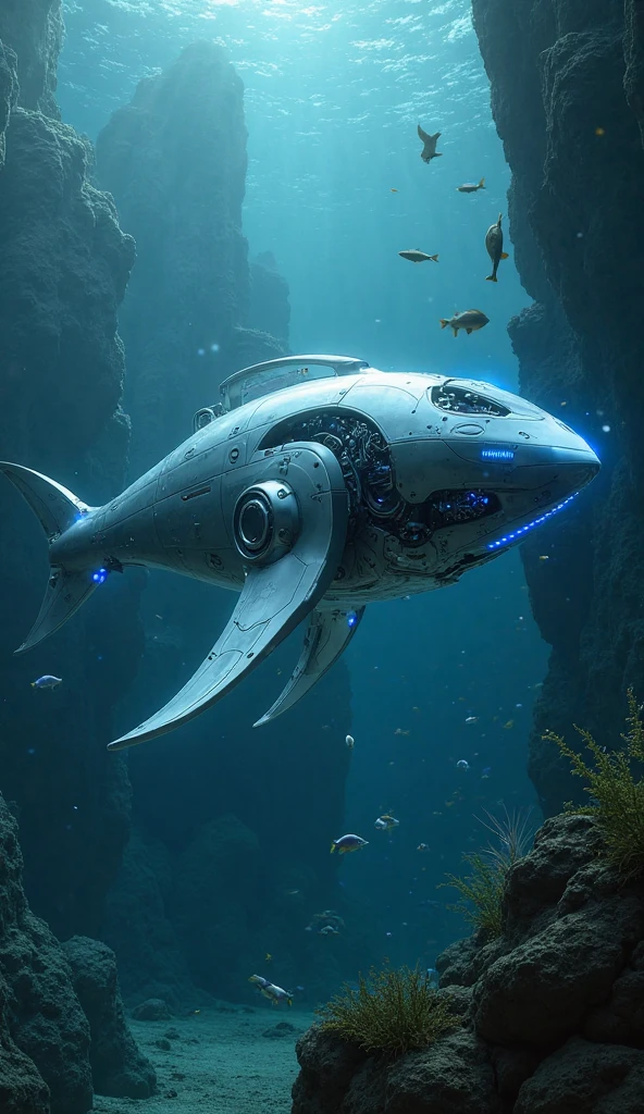 "A futuristic aquatic robot designed to live and move underwater, with sleek fins, glowing blue lights, and a streamlined metallic body, swimming through deep ocean landscapes."