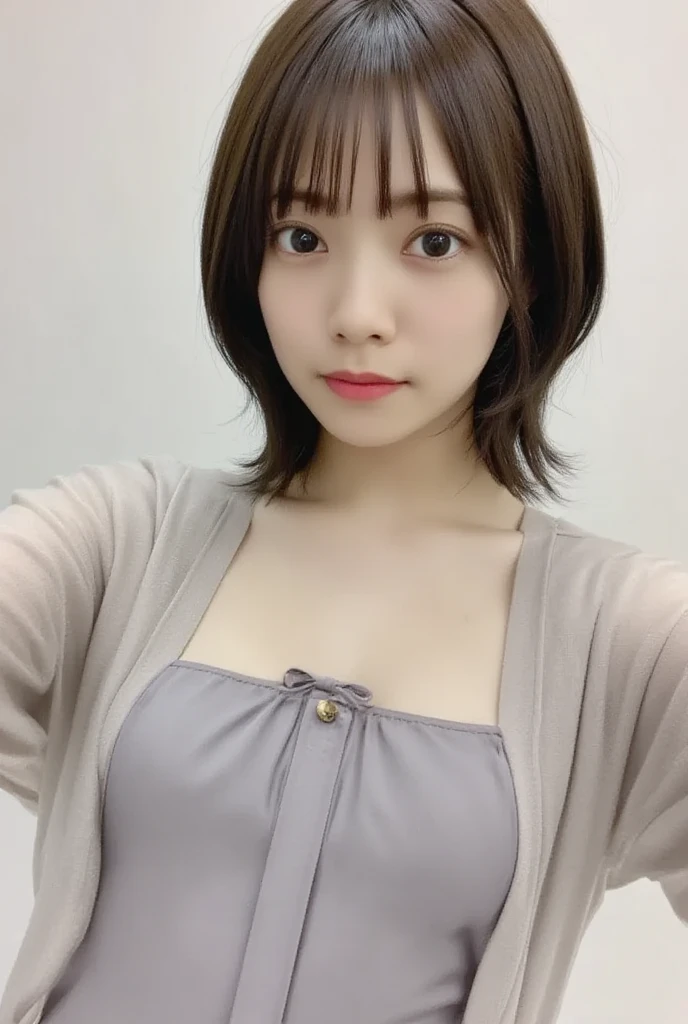 ((Highest quality, 8K, masterpiece :1.3)), One girl, Beautiful woman:1.3, (shoulder length haircut, Huge boobs:1.2), Bandeau dress:1.1, Ultra-fine face, Fine grain, double eyelid,instax, snapshot, Realistic, Photography, jpop girl group's girl, Japanese-idol-face girl, A girl with a face like a beautiful anime cosplayer, 17-years-old, kawaii, Japanese sailor, gray V-neck-sweater、 black hair, straight hair, Lomography, blue and white, cinematic shot, dynamic pose, dynamic angle, in the style of y2k aesthetic