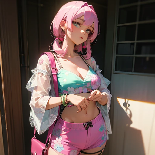 (Masterpiece, BestQuality:1.3), (ultra detailed:1.2), (hyperrealistic:1.3), (RAW photo:1.2), High detail RAW color photo, professional photograph, (Photorealistic:1.4), (realistic:1.4), (Pink Hair:1.5), professional lighting, perfect anatomy, (Big Breasts:1.2), (blush, detailed face), (cheerful Smile:1.5), Trending Hair&Trending Hairカラーをランダムに, earrings, necklace, bracelet, sexly, erotic sexly, Random sexy gravure poses, (Pink tube top and denim shorts、The background is a shopping mall in the city、A pose that emphasizes the chest and smiles while holding a shopping bag。: 1.3)