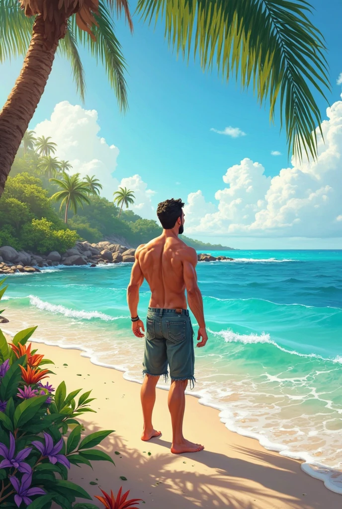 Beach background by the sea,Muscle uncle,short detailed hair,Beards,The upper body is naked,Wear fancy beach shorts,Slightly wrinkled,ssmile,Realistic cartoon style,Full body like,The left pupil is yellow、The right pupil is blue --auto