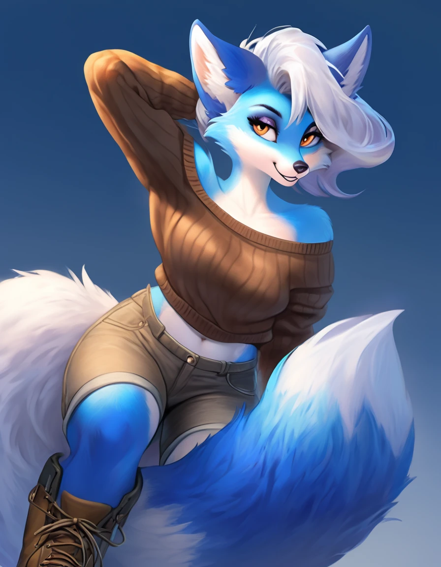 front view, close up view, third person view, stone wall, a beautiful and detailed portrait of a huge female feral mephitid, skunk, ((royal blue body, white skin, long hair, white hair, green eyes)), tail, kenket, voluptuous, Ross Tran,ruan jia, trending on artstation,foxovh, cenematic lighting, vip, body, full body, looking at viewer, standing, park, behind bushes, happy, big , big , big , big , nipple outline (((red sports bra, black shorts down, vagina, covering body)), front view, front shot,