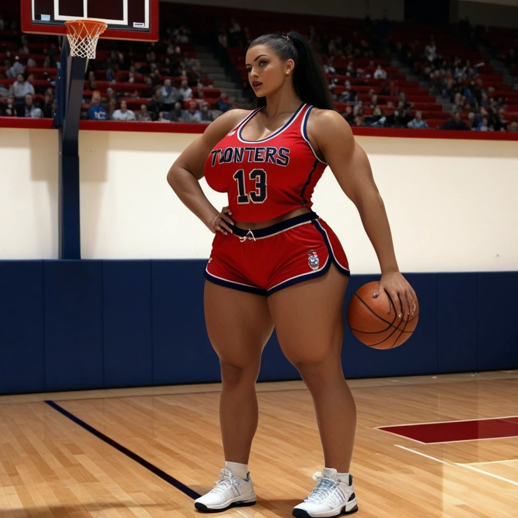 a close up of a person on a basketball court with a basketball, bra and shorts streetwear, beautiful thick female, thick thighs, sport bra and shorts, thick body, thick, sport bra and dark blue shorts, thicc, she has a jiggly fat round belly, short robust woman, gorgeous female, jaw dropping beauty, violet myers, instagram model
