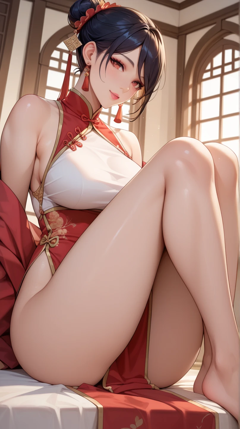 (Best quality,4K,A high resolution,realistically:1.37),ultra - detailed,HighDynamicRange,stage lighting,Focus sharp,professional,Chinese wedding bedroom,The drunken Chinese lieutenant laughed,Lying on the bed in a Chinese wedding room,a vibrant atmosphere,An energetic celebration,Red belly pocket, double braid,spread your legs, lightand shade contrast