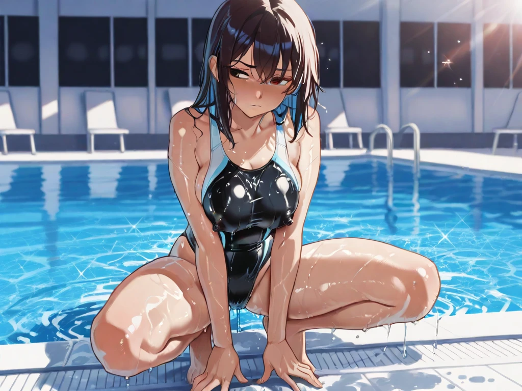 ((Top quality)), ((Masterpiece)), ((Details)), Perfect face, perfect body, sitting on the swimming pool, listening to music, wearing headphones, wearing swimsuit, swimsuit is transparent, sitting with legs apart, A woman wearing tight clothing that exposes her buttocks and breasts, with her face visible