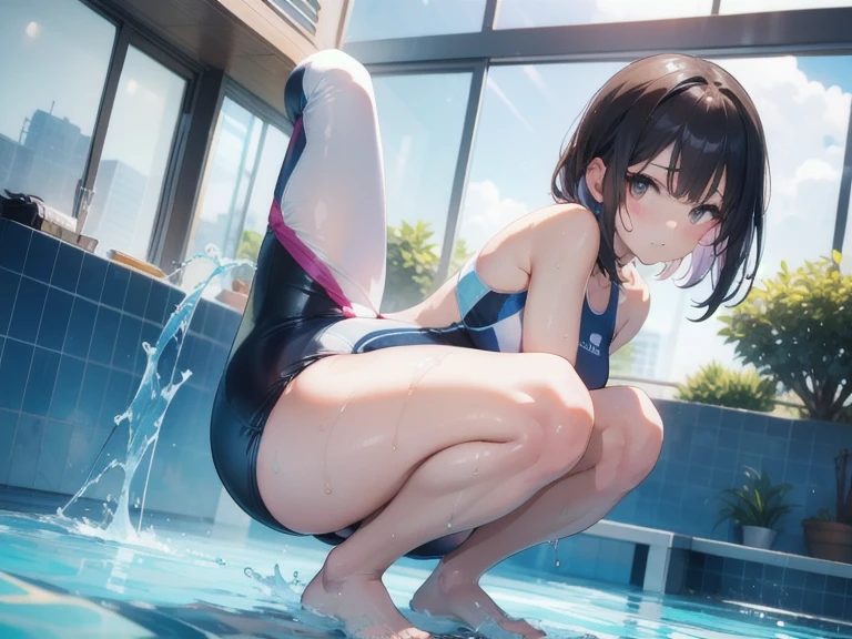 lighting like a movie、top-quality、(1 female)、School swim wear、sit down and open legs、open one's legs、embarrassed from、Clear liquid leaks from the crotch、school swimming pool、Eyes from below、full of sweat、A dark-haired、Wearing sweat、