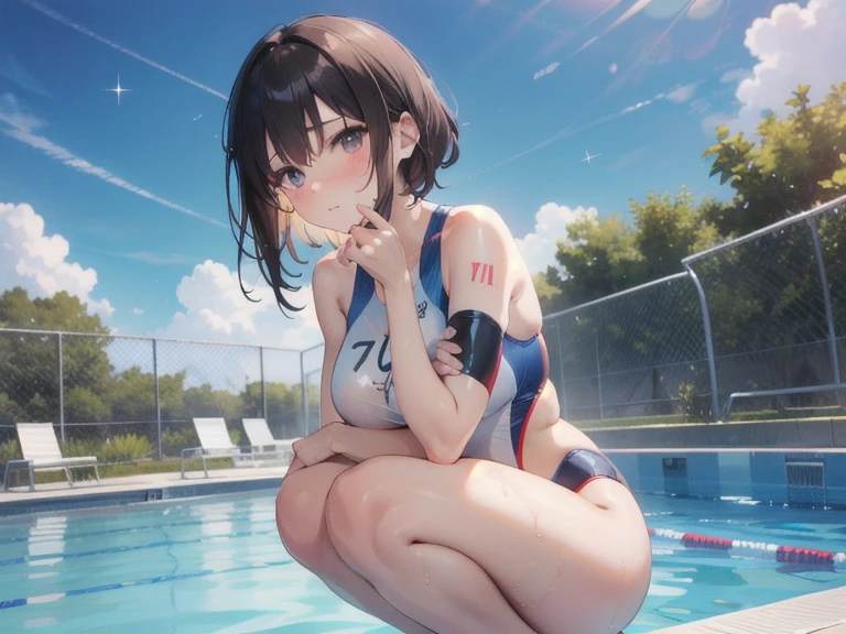 top-quality、Full limbs、complete fingers、Slender beauty、1 persons、Sukusui、white school swim suit、ssmile、bob cuts、Bery short hair、hime-cut