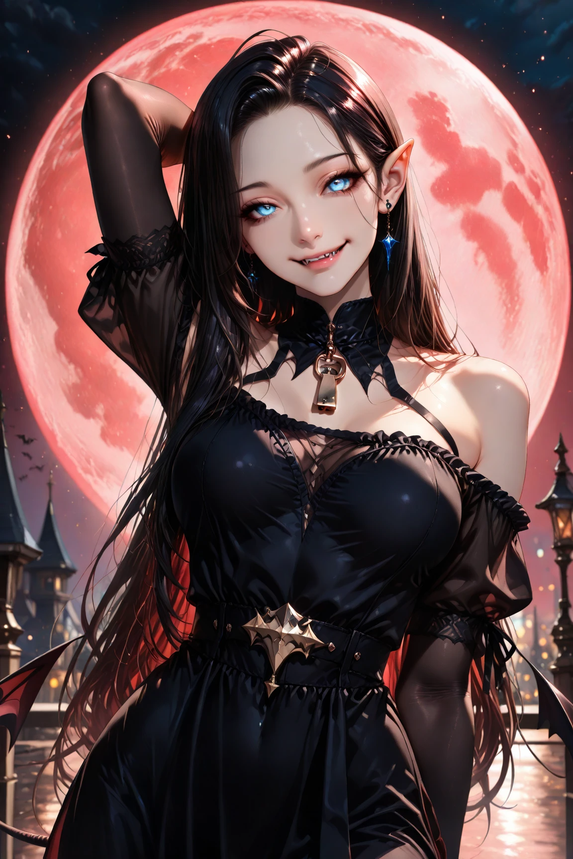 masterpiece, (textured skin), best quality, gorgeous beautiful girl, (a female vampire),,detailed clothes,large breasts,narrow waist,, (beautiful face), cinematic lighting, (fantasy anime art ),