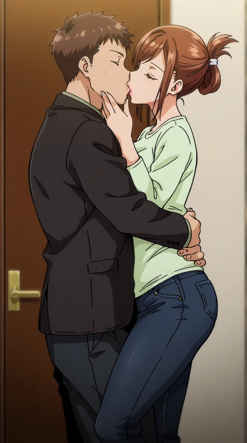 Hisato Azuma wearing, red shirt, mangas cortas, fitted jeans. Fat old man in a suit Standing in front of, forced, rape, Kiss and hug, kiss the lips  