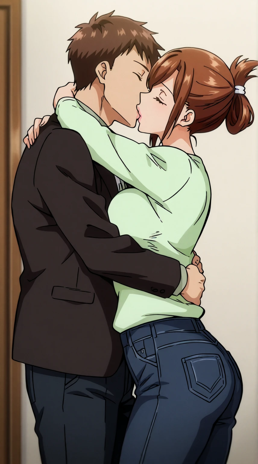 Hisato Azuma with his hair tied, light green shirt, mangas cortas, fitted jeans. Her boyfriend in a suit Standing in front of, Kiss and hug, kiss the lips  