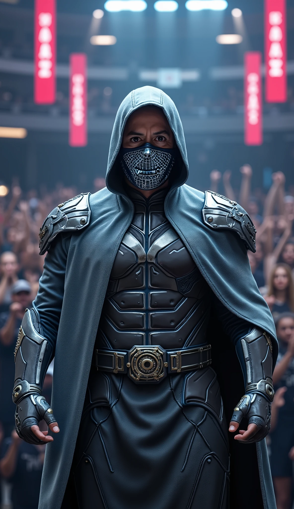 Make ROBERT DOWNEY hyperrealistic, Like the smoke from Mortal Kombat, upper body: **With gray mask** shiny with gray diamond stones covers your mouth and ninja dress, set up an epic fighting arena gray and black neon lights in 8K with people applauding in cinematic neon lights in 8K