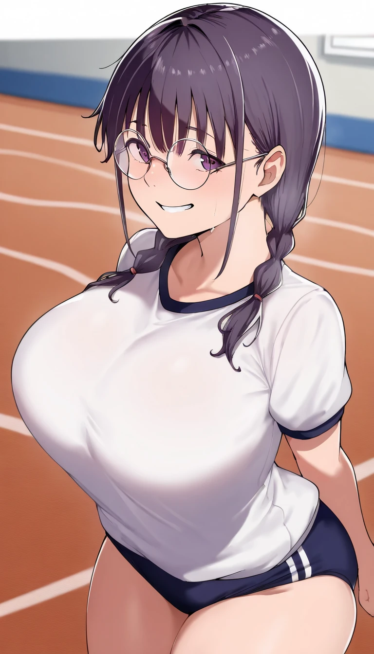Head to knee portrait、alone、Natural Makeup、head band、((School-designated gym clothes))、((The upper body is white short-sleeved gym uniform))、((Long white gym clothes))、(((Very tight bloomer rise bloomers)))、(((Navy Bloomers)))、(((Tuck the bottom of your gym clothes into your bloomers)))、Big Breasts、Big Ass、(((Schoolyard)))、((Realistic fingers))、((Perfect Style))、((Realistic body shape))、Sunburned skin、((ran mouri))、