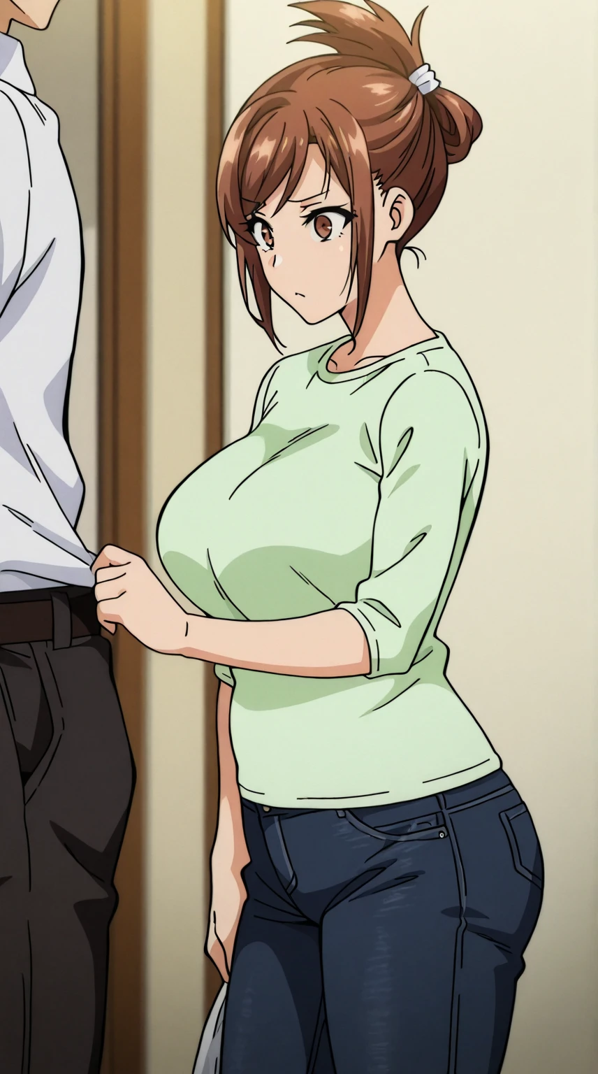 mother, milf, white shirt, brown apron, black skirt, long skirt, shory hair, pixie cut, mature female, big breasts, black hair