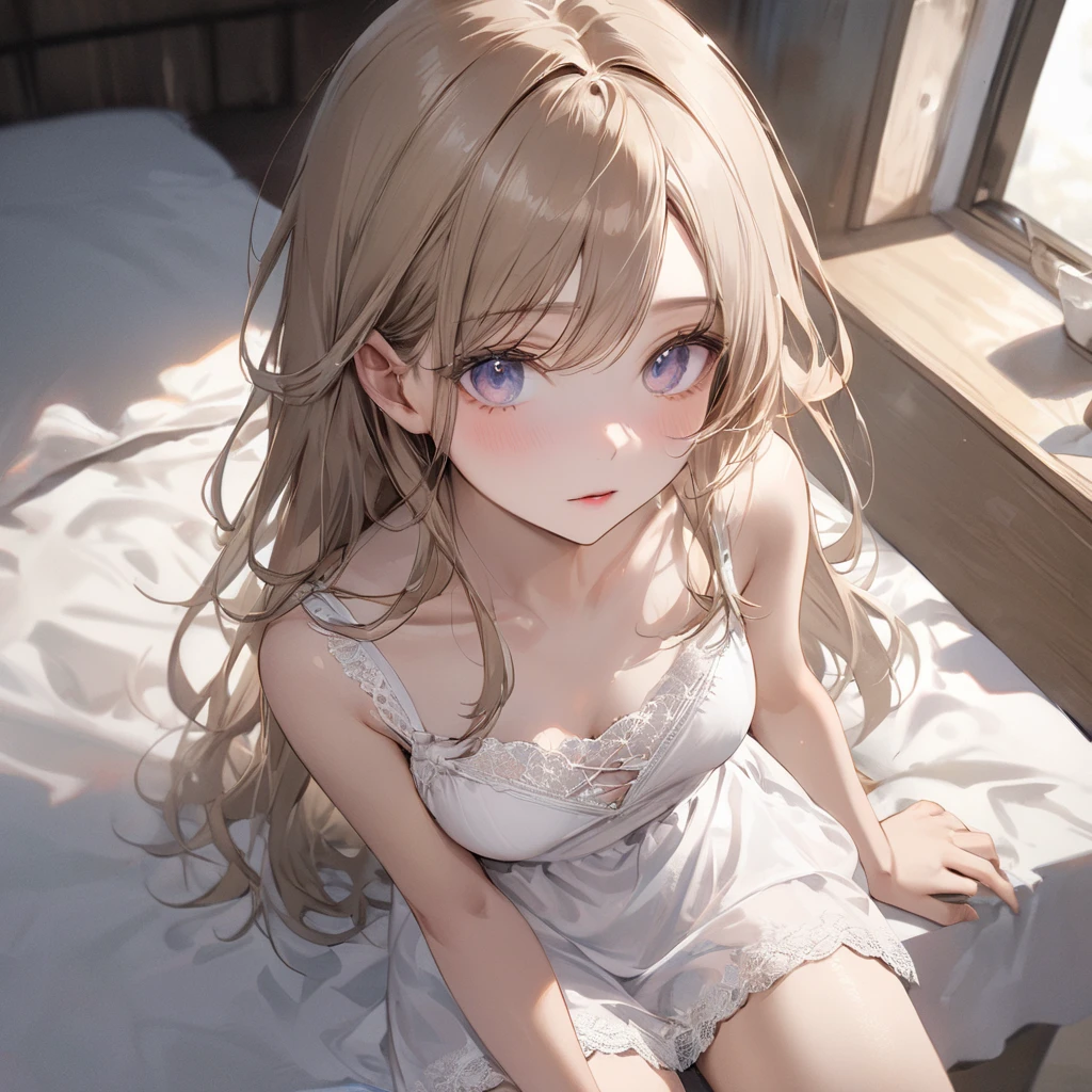 (Best Quality,High resolution,8K,finelity detailed background,Masterpiece:1.2),beautiful girl,Shiny khaki hair,messy hair,(Khaki Eyes),Gentle look,A refreshing look,Best quality,Best Quality,Aesthetic and aesthetic:1.2,Best details((Super detailed))(High-definition CG illustrations),White underwear (white intricate lace),Slender body,Late Night,Moonlit Night,Bedroom,On the bed,smile,blush,cute,Scrounge,Looking up,Being spoiled,super model,wariza