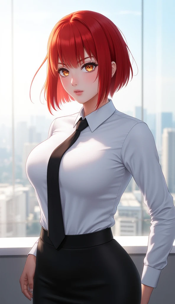 (Bright red eyes)beautiful, beautiful woman, Perfect Anatomy, Perfect body, whole body, Big Breasts, choker:1.6, Captivating look, smile, realism, From behind, Face focus,(Looking at the audience:1.2) masterpiece, Rough skin, Very detailed, Attention to detail, high quality, 最high quality, 1080P, 16K, Realist, 1 girl, (Black fur:1.6, short hair), Crop top, shiny black leggings, Chapped lips, blush, evening, sunlight, (White long collar shirt:1.4), Red tie, shy, library