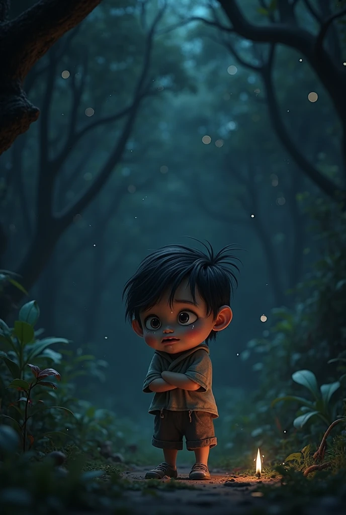 Create a Disney Pixar style movie cover, The name of the movie is me and death, Add to the image a white boy with short dark hair and a surprised face wearing a black t-shirt and sweater, In the background there is a forest at night, give it a gloomy and depressing focus, realistic and Disney logo.