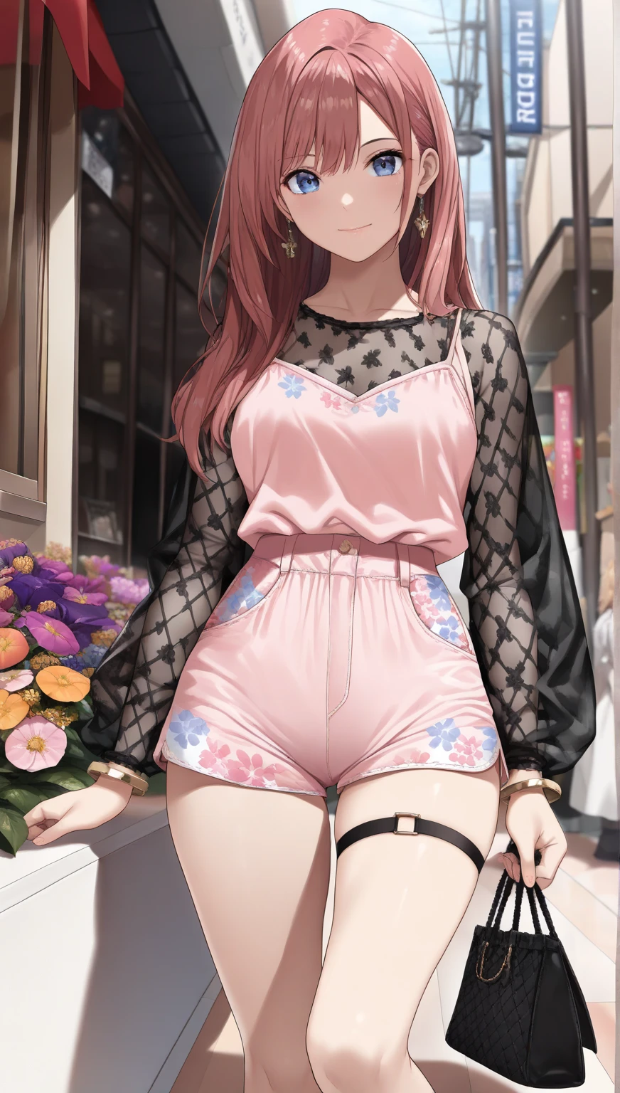 masterpiece, highest quality, pretty girl, 16 , Scrunchie hair ornament, Twin tails,denim pencil mini skirt, pantyhose, Leg belt, necklace, skinny , Pink and black bra,((showing off lace panties)),Pistol,Hold a pistol,Assassin