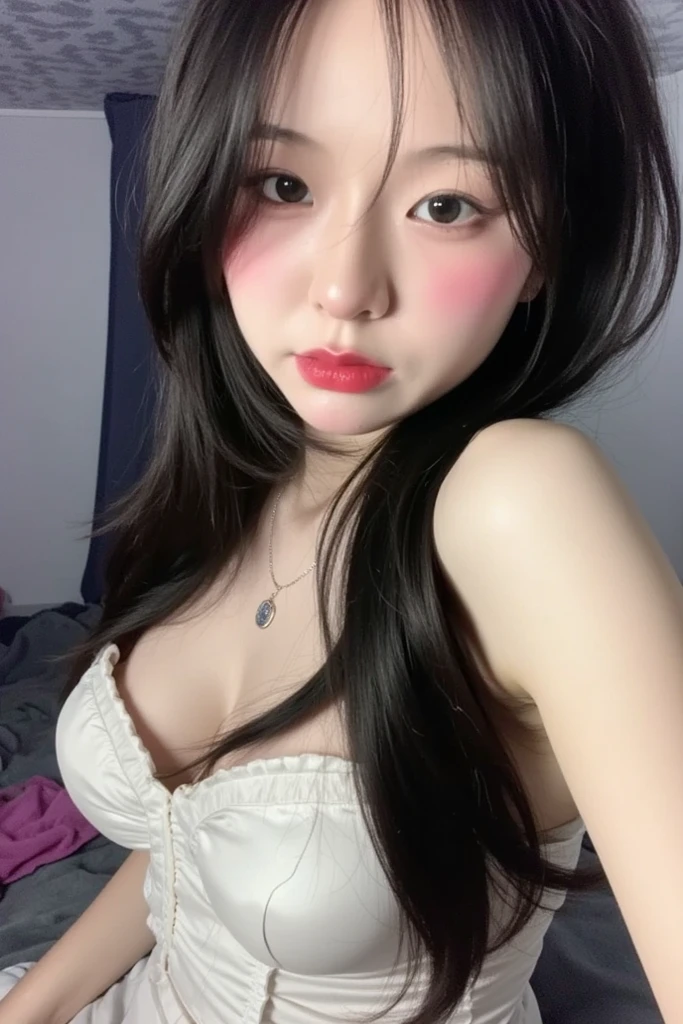 First Person View, (masterpiece:1.3), High resolution, Very detailed, Very detailed CG Unity 8k wallpaper, Realistic, photo-Realistic, RAW Photos, Beautifully detailed face, Realistic glistening skin, Detailed cloth texture, Detailed hair texture, Perfect body, Beautiful Face, Accurate, Anatomically correct, Highly detailed face そして skin texture, Natural neck length, (Beautiful Hそしてs), Thin legs, Thin legs, Good teeth alignment,
break,
fine grain, Symmetrical eyes, Bright Blue Eyes, double eyelid, Thin eyebrows, (Glossy Lips:1.5), (Sleepy face:1.2), (blush:1.3), (makeup:1.5),
break,
(elegantでキュート:1.3), elegant、Toned Abs, Beautiful clavicle,
(black hair, Hime cut, Long Hair:1.3), (Accentuate your cleavage:1.3), (
break,
View your audience, from the front,topless, Black thigh-high socks:1.4), (all fours:1.3), (closed eyes:1.3), (pink bra:1.4), (on the bed:1.4),