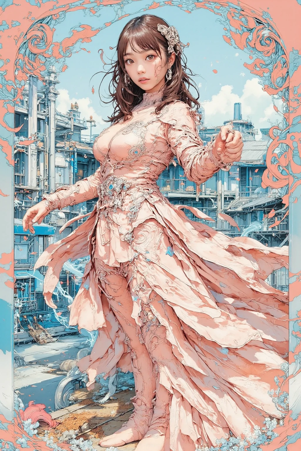 1 woman, age:45, wearing a skin tight long dress without and sleeves. The dress has a pretty deep neck cut. The dress has 1 slit on both side till her waist, breast size is enormous, enormous buttocks, unrealistically wide waist