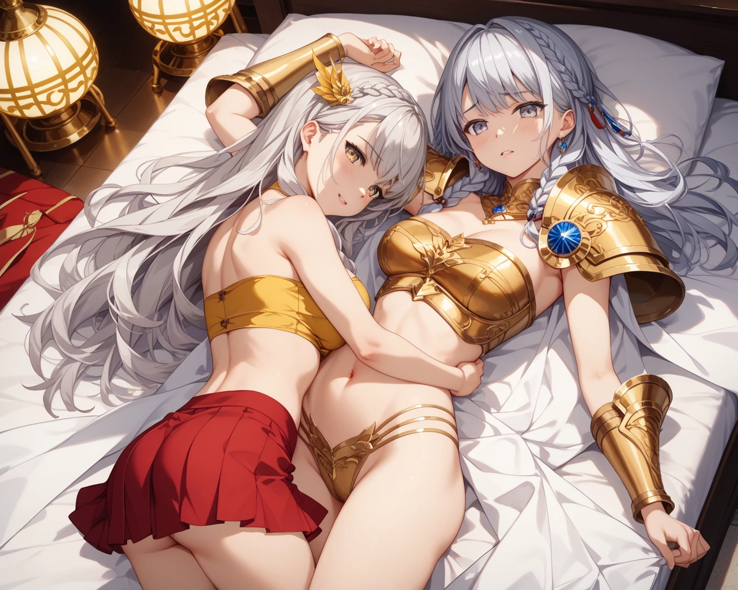 ((Highest quality)), ((masterpiece)), (detailed), (Perfect Face)、A woman with the same appearance but different clothing colors3Two people are sitting side by side on a large king-size bed servicing a man、The woman is wearing a gorgeous, glittering, long-slit see-through Chinese dress with gold embroidery, a black veil and a black see-through cape, as well as a gorgeous hair ornament and gorgeous jeweled accessories.、The woman is the elegant Tsukino Usagi, with long blonde hair in a chignon twin tail.