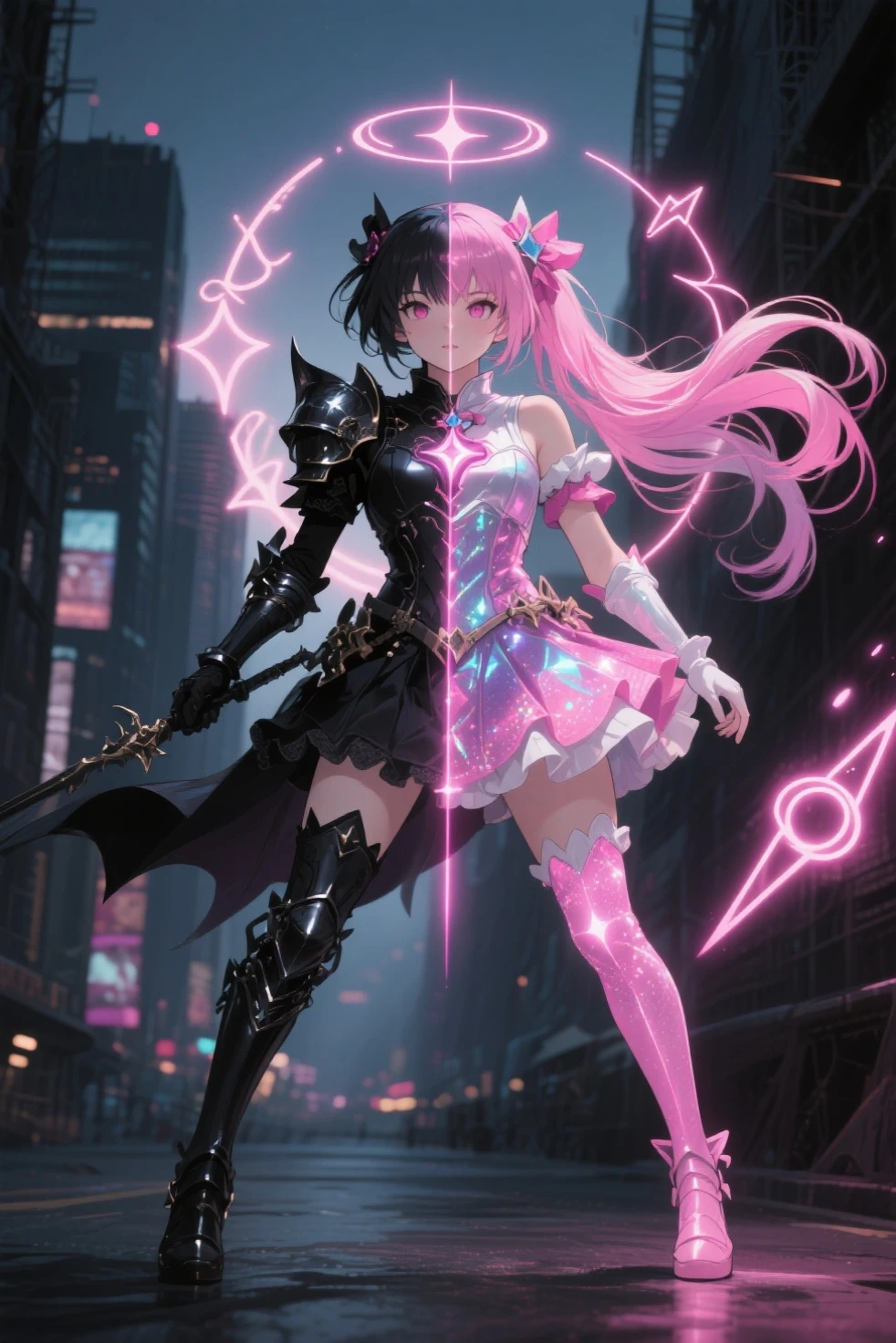 A photograph with an extreme perspective shot from hip level up. A caucasian cybergothic girl with asymmetric clothing, skulls and metal belts, a short leatherskirt, a cropped top and a fishnettop on top, one knee high lace sock and combatboots. She has black hair and pink hairstrands, with bangs and some loosely braided strands. A lot of plastic tubelike hair accessories glowing in neongreen and neonpink. The background is a blurred cyberpunk city with neon lights.