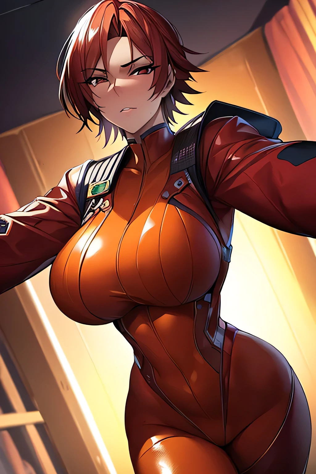 red translucent armor,Arm mecha,Short golden hair,Long ponytail hairstyle,Large Breasts,Cleavage,Pistol hanging from waist,fighter pilot,fighter hangar,sexly,Lipstick,miss,Golden Eyes,stockings,Short skirt,Nipple showing