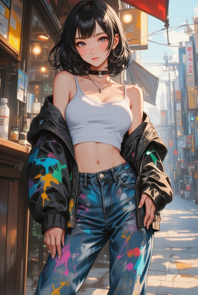 seamless image fusion, cute woman, amorous and lewd face, make-up, glossy smooth silver short bob cut, blunt bangs, covered in tattoos, great proportion, shiny big green eyes, background kaleidoscope of ruined cityscapes, analyzers, labs, and more, with mix of stonepunk, firepunk, and waterpunk, rainbow colored cosmic rays, Cafe Terrace, shading effects, gradation magic effects, foggy filter effects, glitter effects, (ultra detailed, absolutely resolution, best quality:1.3), 2.5D, delicate and dynamic, artistic photography, hyper realistic, graphic CG digital art, wearing unbuttoned loose white shirt, necklace, black ring earrings, black choker, black baseball cap, black slim and tight distressed jeans, black chunky engineer boots