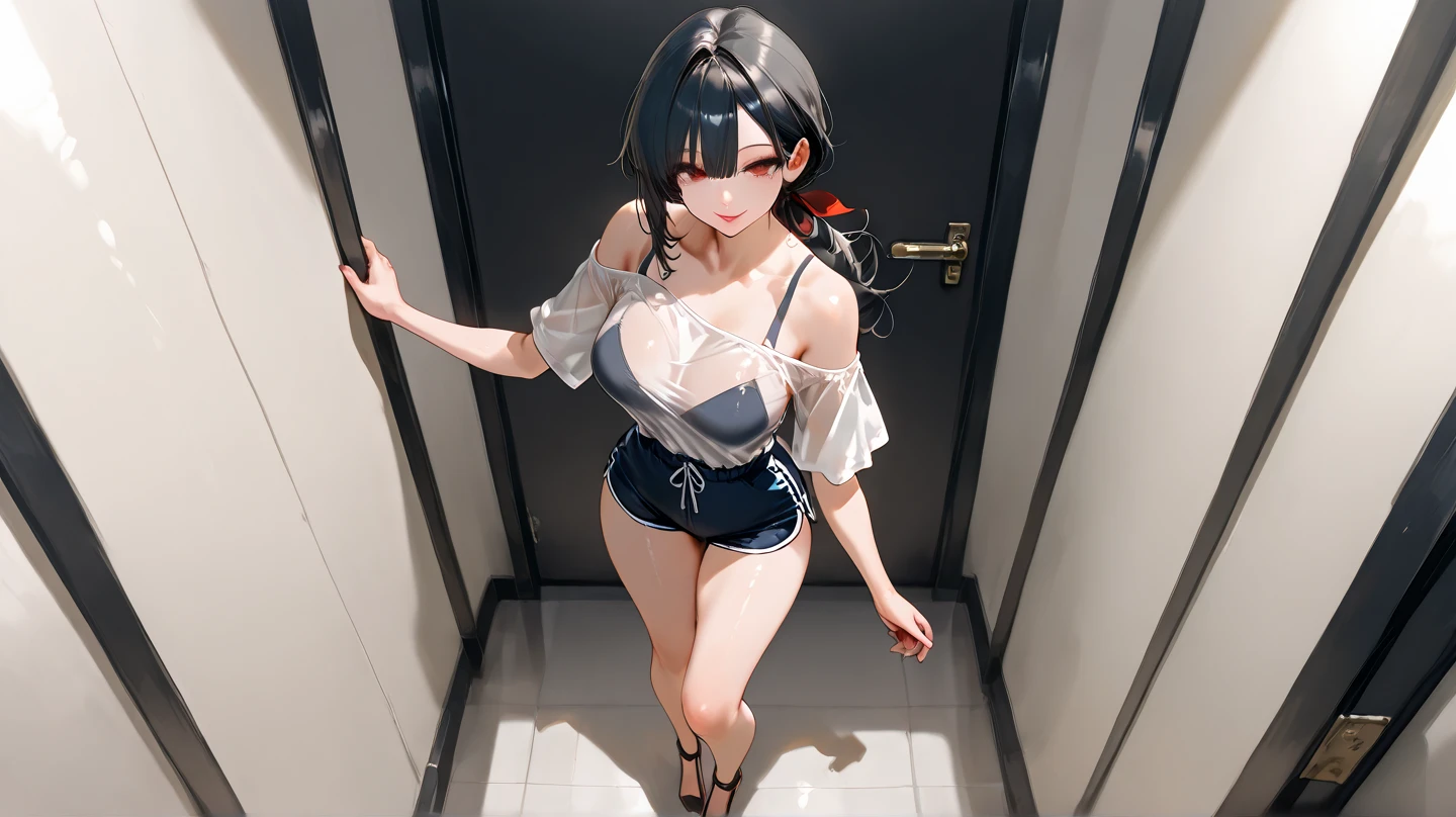 Ecchi、Changing clothes、kawaii、Woman、Colossal tits、bra very、show through、a navel、animesque、masterpiece、high-level image quality、poneyTail、A dark-haired、18year old、dress room、gym、come off、perspiring、Wet --auto