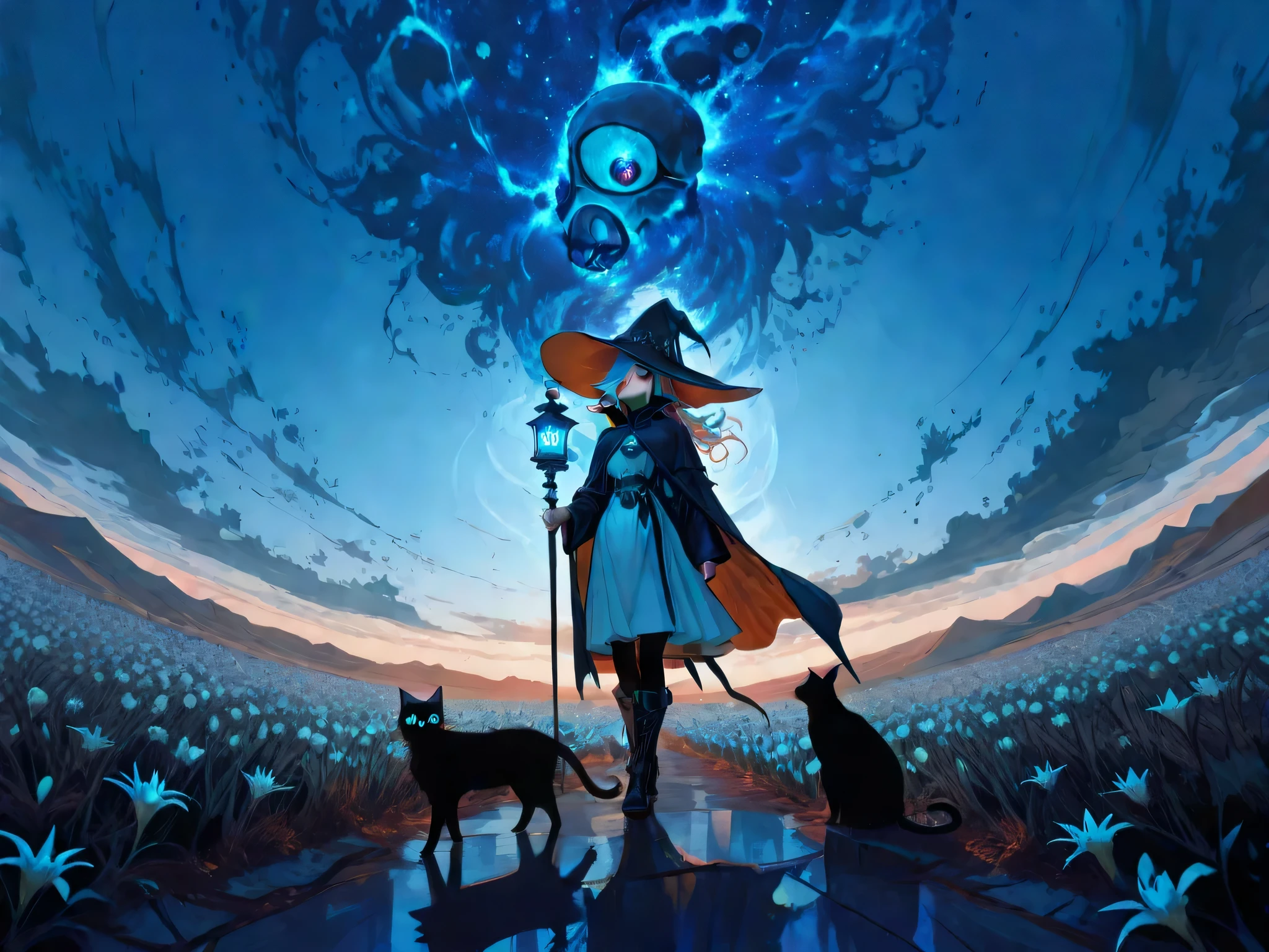 หญิงoneคน,
eyeมลำพัง, hyper-detailed beautiful eyes, cloak, complicated, hair_over_one_eye, twisted hair, gag, The lantern is attached to a cane,, holding a walking stick:1.2,
Boots, Black cat, stands in a vast field of amaryllis, surrounded by a mountain of skulls.,BREAK
ฟานeyeซี, ศิลปะแฟนeyeซี, sky, fisheye, from the top, (magnificent scenery:1.3), rest
Excellent work, newest, Witch Hat, incredibly Witch Hat, Best Quality, of amazing quality, Very beautiful, complicated, Dynamic angle