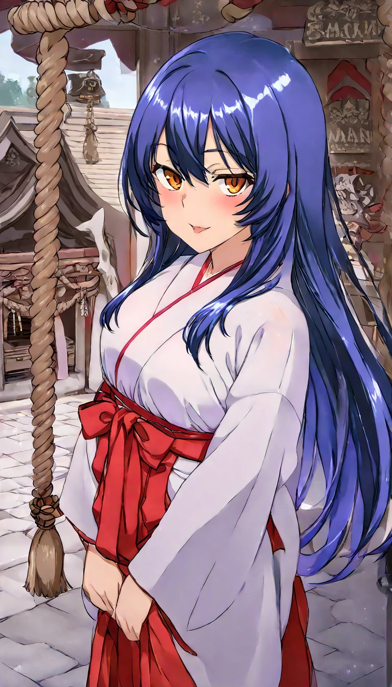 (blue eyes,blue hair), in miko clothes cleaning the entrance of the Temple, , long hair, ponytail, white robe, (red hakama;1.45), straw broom, Tsurugaoka Hachimangu Temple, cute, kawaii, beautiful, smile posing, looking at viewer, (masterpiece, best quality:1.5) ,high resolution, extremely detailed, trending on pixiv, masterpiece, cinematic lighting, (anime art style:1.45),