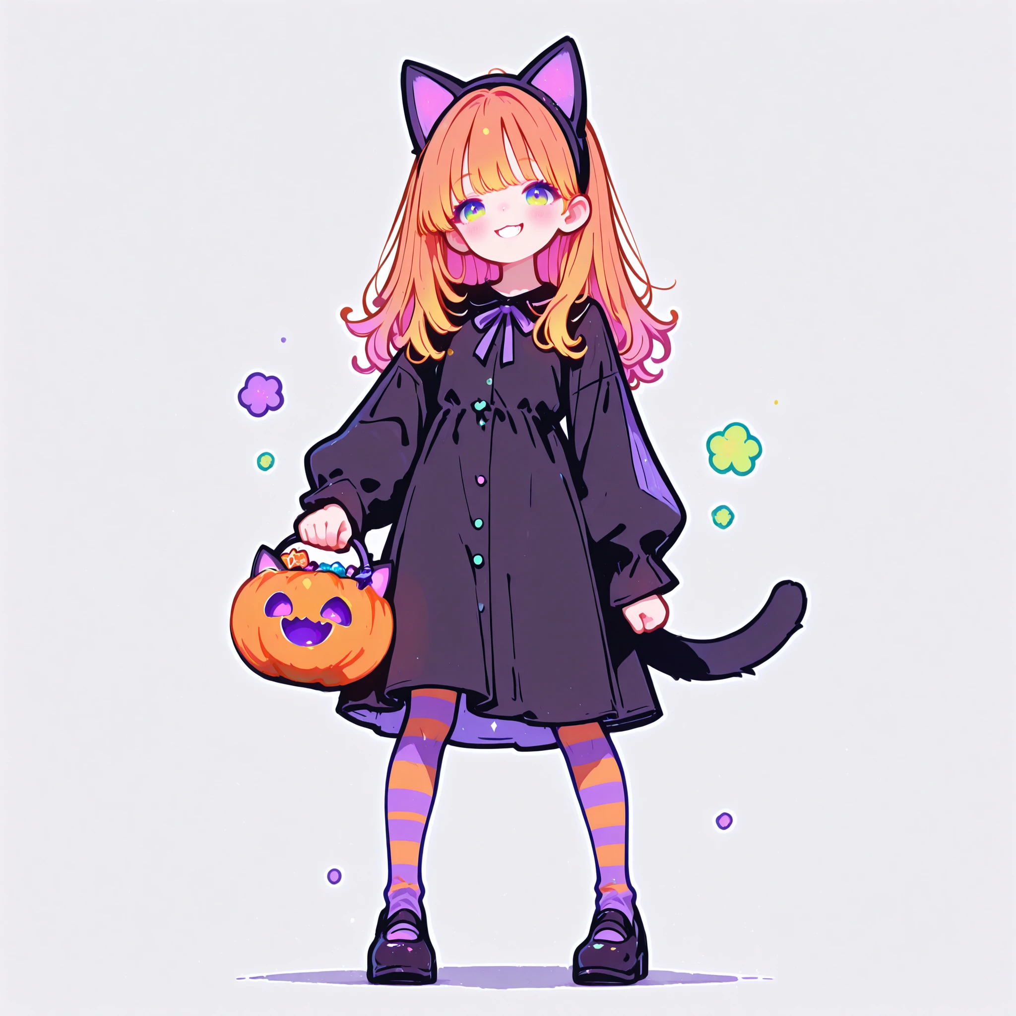masterpiece, best quality, ultra detailed, high resolution, intricate details, sharp focus, smooth shading, professional lighting, vivid colors, clean lineart, anatomically correct, beautifully detailed eyes, no artifacts, 1girl, full body in frame, simple white background, long wavy orange hair, playful mischievous grin, bright green eyes, simple black dress with cat ears headband and a detachable cat tail, striped tights (orange and black), black mary jane shoes, slightly crouched playful pose, holding a small jack-o'-lantern candy basket