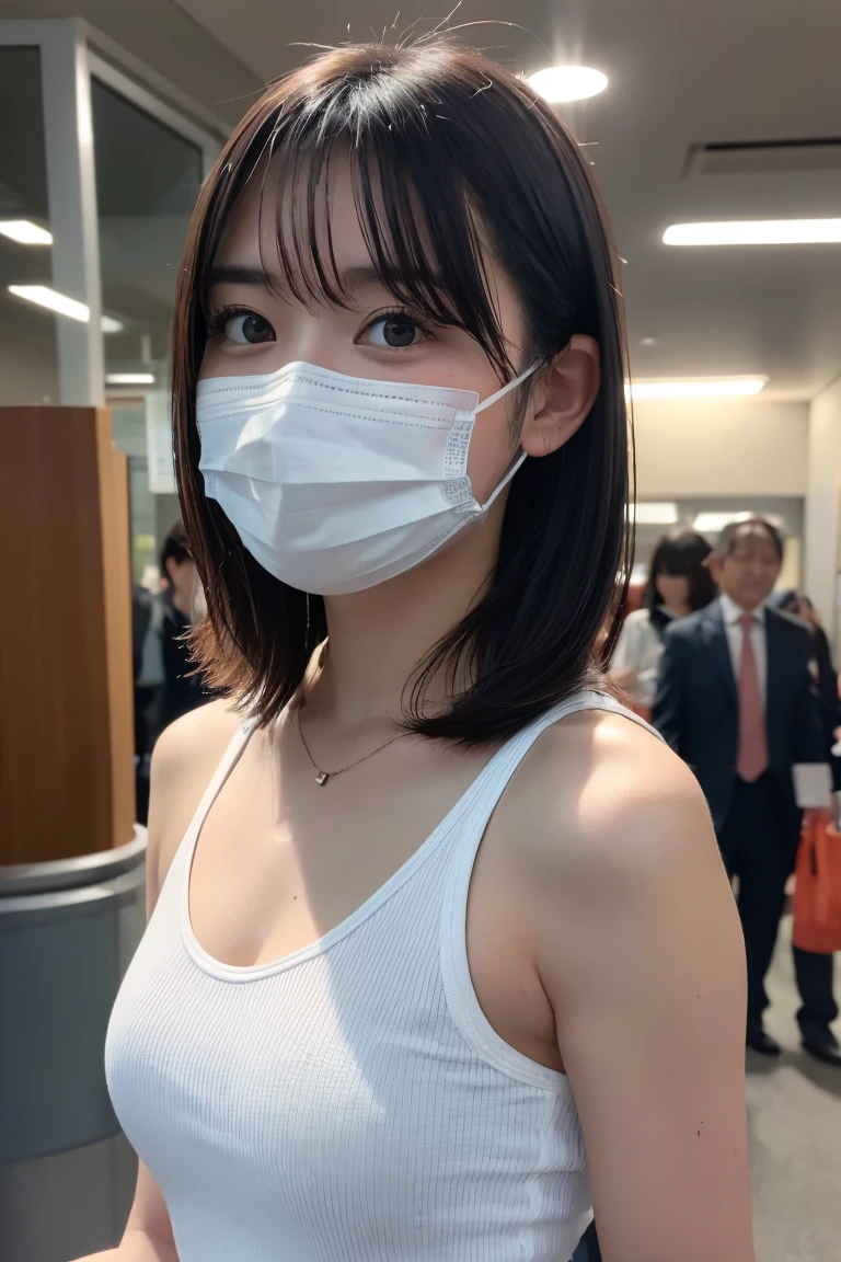 ((8K quality、professional、highest quality、masterpiece：1.3))、solo、Real、Photorealistic、Portrait、Slender Abs:1.2、Very cute 12-year-old elementary school student、((Flat Chest:1.4、AA cup、Skinny Beautiful Girl:1.4))、((Completely naked、Wearing a black mask、Dress shirt:1.3))、((black mouse mask))、School:1.4、Platinum Blonde Hair、Silky straight shorthair、Beautiful Bangs、Delicate and cute 12-year-old beautiful girl、Slim fit、Skinny body、Beautiful detailed eyes、 Attractive big eyes、Beautiful detailed nose、The best beauty、Elementary school student taking a selfie、Selfie