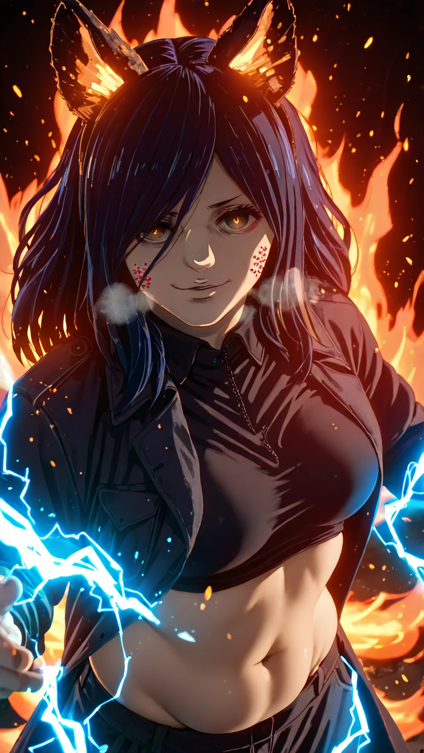 (Tokyo Ghoul-style:2.0), (anime coloring, anime screencap), shiny skin, ((anatomical correct)), ((Cinematic, unreal engine, eye-catching, ambient occlusion, UHD, masterpiece)), ((perfect lighting, dappled sunlight, soft shadow)), perfect body, perfect eyes, perfect fingers, gasping, heavy breathing, gasping profusely, ((skindentation)), ((curvy)), pieck finger, black hair, long hair, brown eyes, plump, 1girl, ((fire)), solo, navel, midriff, looking_at_viewer, coat, open_coat, pants, breasts, animal_ears, open_clothes, black_coat, smirk, slit_pupils, parted_lips, cowboy_shot, crop_top, visor_(armor), baggy_pants, blood, (electricity:1.3), glowing eyes, ((embers)), Fiery Body, ghoul eyes