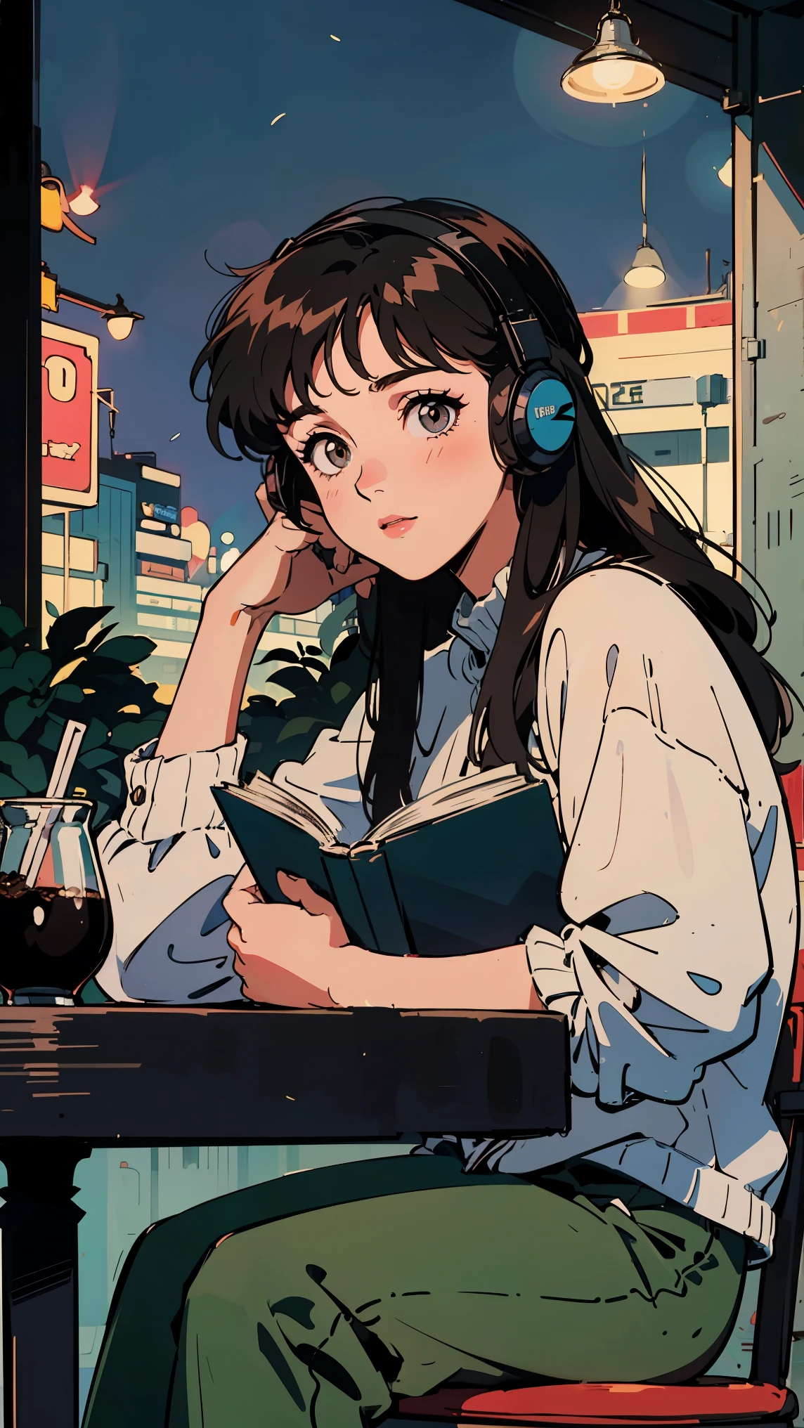 Highest quality, 8k, 1990s style,Hairstyles of the 2010s, 21 year old girl, Black Hair, Light brown eyes, City Pop, pants, Wear headphones,Reading a book, whole body, Relax Coffee,table,making,look at me, Black cat, Cafe