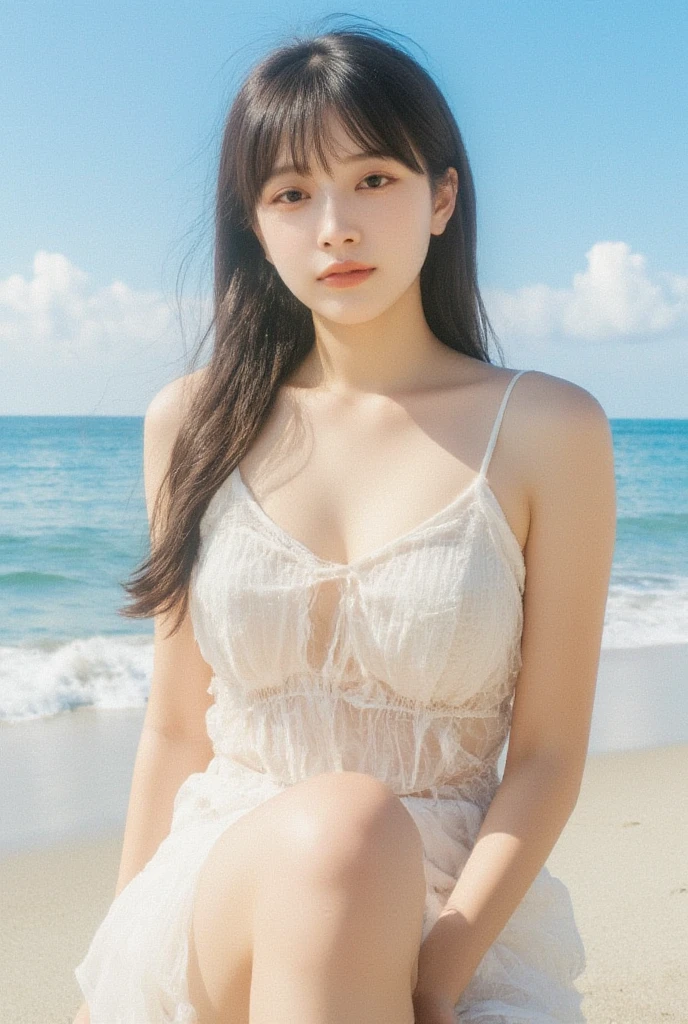 (Daytime, Excellent, 8K, Masterpiece:1.3)), Full body, Long legs, Focal length: 1.2, Perfect Body Beauty: 1.4, Slim Abs: 1.1, ((Dark Brown Hair, Big Breasts: 1.2 )), (White Dress, Standing: 1.2), ((Sea, Blue Sky and White Clouds: 1.3)), Highly detailed face and skin texture, Detailed eyes, Double eyelids, long flying hair