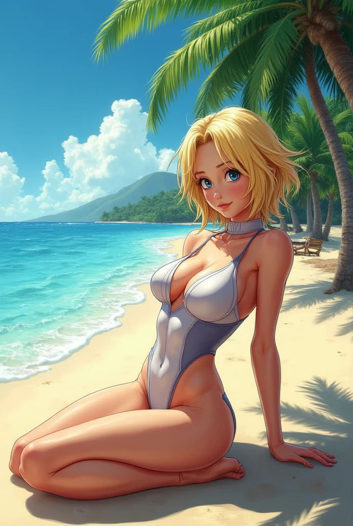 girl、(((one person)))、blue eyes、blonde、short hair、bikini、D cup bust、background blur、line of sight、blush、smile、pool