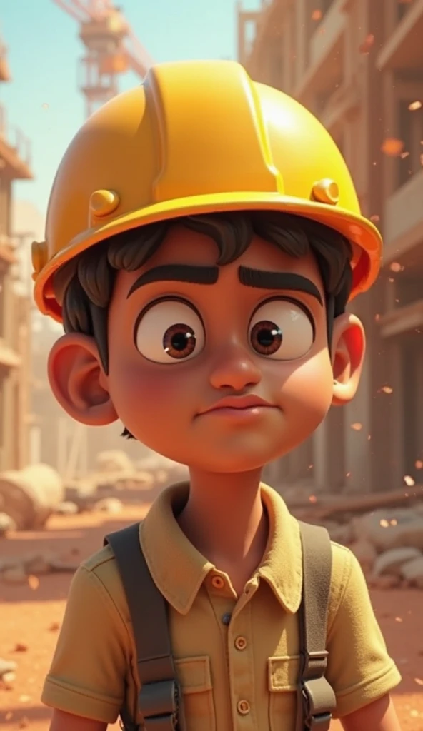 Image: The white boy (man) works in a construction site, with a shovel in his hand and sweat running down his face. A scorching sun and the noise of tools are seen.  In the background, A school can be seen in the distance.
Let the image be wide, CHILD