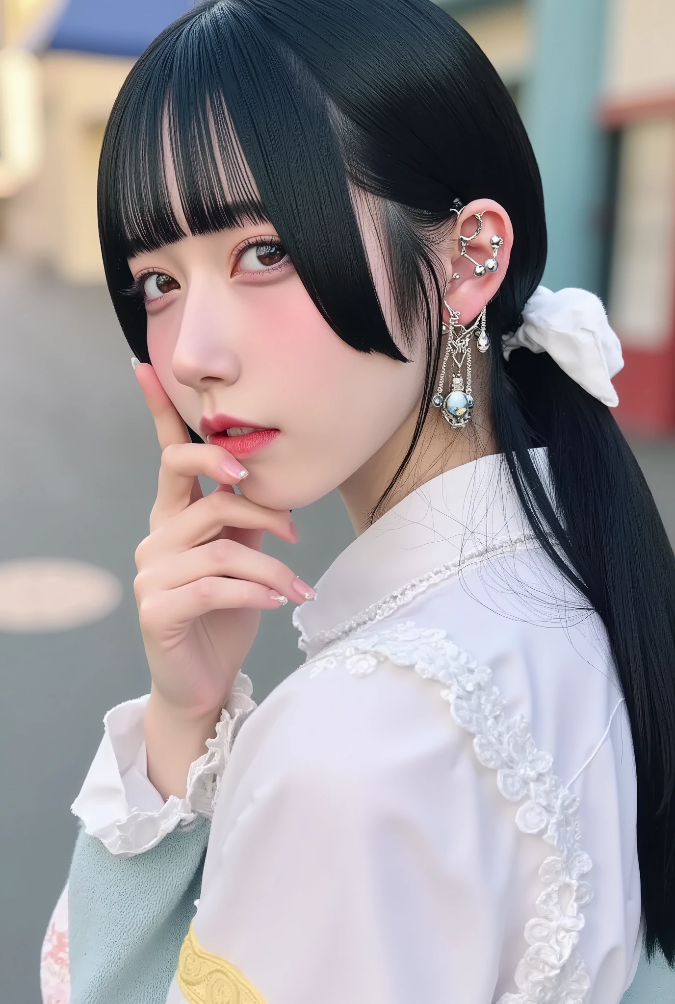 photo-realistic, bust-up portrait of a demure Japanese girl turning slightly over her shoulder with a soft, serene expression, wearing a neat white blouse with lace trim and a pastel cardigan, her long silky black hair tied loosely, exposing her ear adorned with an overwhelming number of elegant piercings — silver studs, delicate hoops, cascading chains, and gemstone drops, all arranged intricately along the ear rim and lobe, soft natural makeup emphasizing innocence, background softly blurred with pastel-toned Harajuku street elements, golden-hour lighting adds a gentle glow to her face and hair, ultra-detailed textures, cinematic composition, best quality