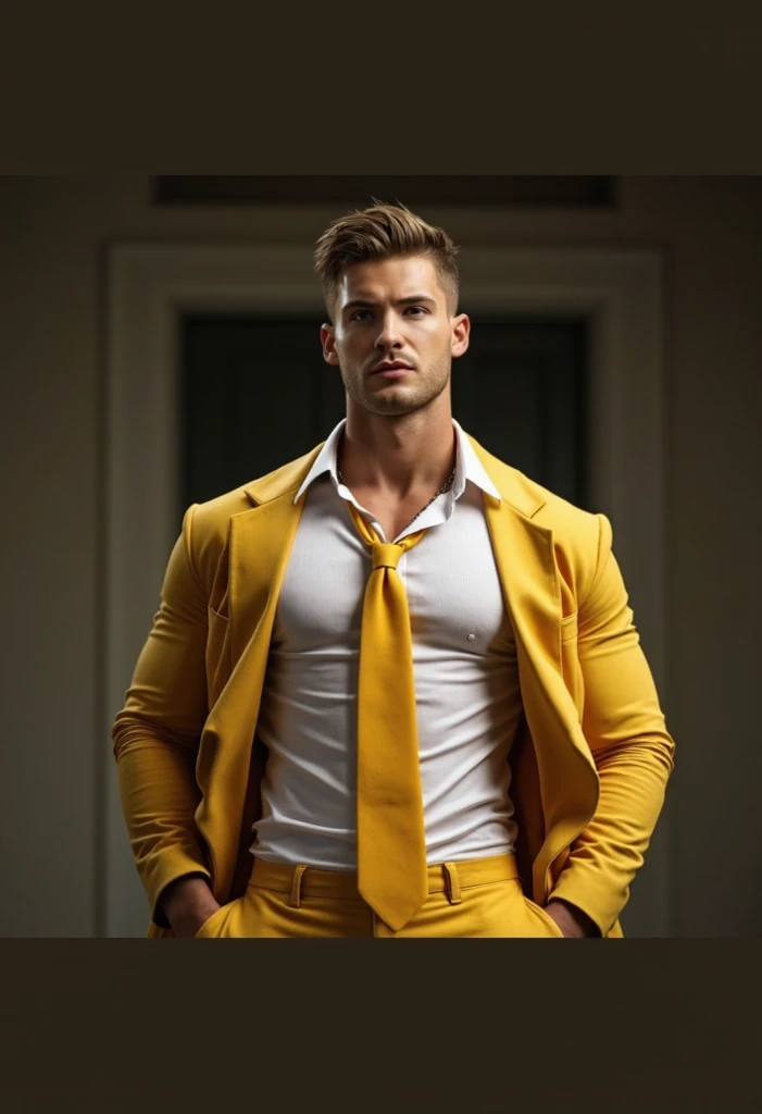 Ryan gosling goes shirtless in front of crowded people on a City Street.his nipple touched by the Guy. He gigles. He laugh. The wind blow the coat. He just wear the yellow suit with no Shirt inside