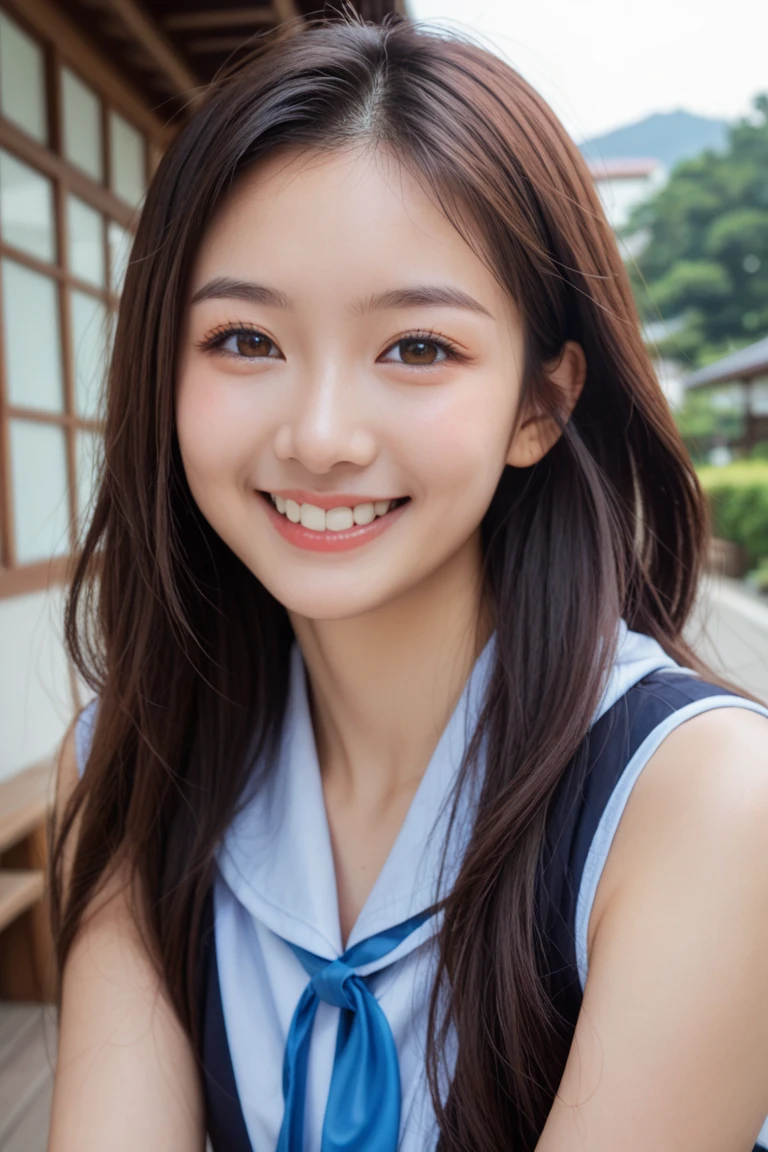highest quality, figure, Ultra-detailed, finely, High resolution, 8K Wallpaper, 完璧なダイナミックな構figure, ((Sexy pose)), Beautiful Skin, (Big Eyes), 20 year old beauty, Natural color lip, Mid chest, smile, Highly detailed face and skin texture, Detailed eyes, Double eyelid,leaking teeth and laughing, close-up, overhead shot, Black medium hair, (Blue sweater:1.2), Tree-lined street