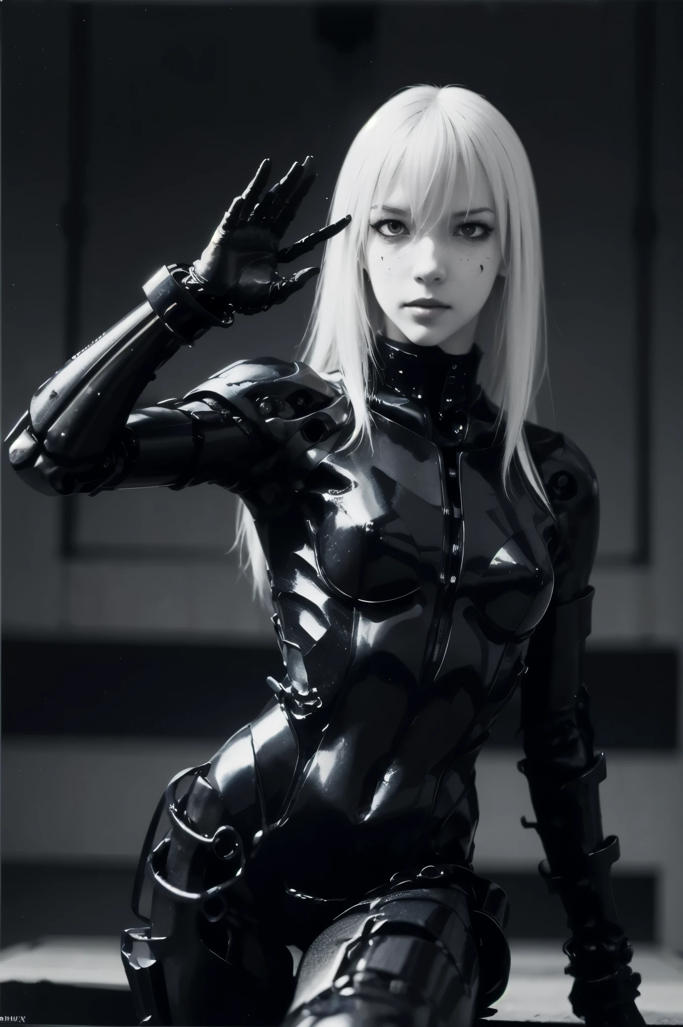 solo,blame, tsutomu nihei, by tsutomu nihei,movie, cibo, GBE,1girl ,ova, 特写镜头,聚焦她的眼睛,long hair, Platinum blonde hair,cybernetic female android, emotionless pale face, white long straight hair with blunt bangs, wearing black mechanical bodysuit with armored plating and segmented limbs, exposed robotic joints, detailed metallic textures, glowing indicators on the arm, sitting posture with one hand in salute, futuristic synthetic anatomy, elegant yet deadly, ultra-detailed illustration, inspired by Tsutomu Nihei and biomechanical manga aesthetics, 整体构图以对称和平衡为中心,monochrome palette with red blood stains, realistic manga character rendering