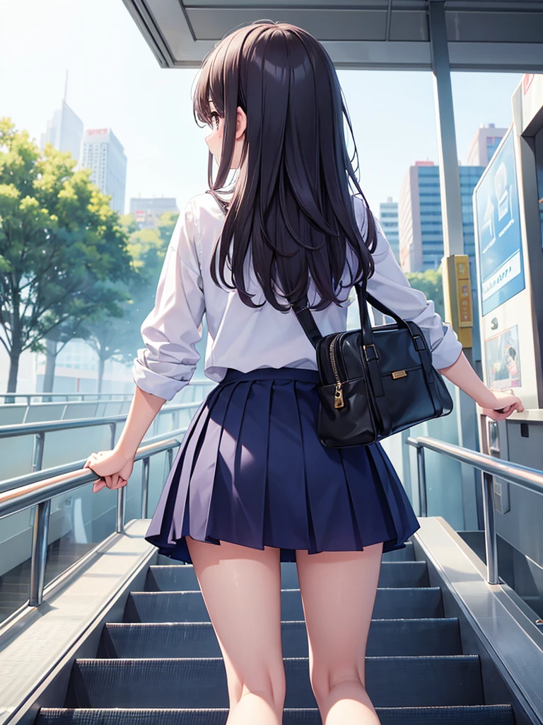 (1) Peeking into the panties of a high school girl as she climbs the stairs.
(2) She&#39;s holding down her skirt because I think I can see inside it..
(3) She is wearing a uniform of blouse and miniskirt, Loose socks and loafers.
(4) her hair is long brown.
(5) Her expression is glaring backwards..
(6) The location is the school stairs..