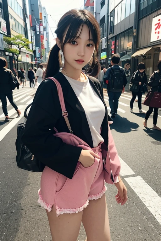 A Thai girl with bangs and black hairs in black and pink outfit