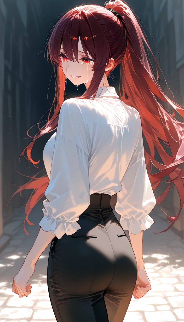1 Girl, medium light Red hair, light black eyes , wearing black Suit 4D , night TOWN 18+, high res, ultrasharp, 8K, masterpiece, looking from behind