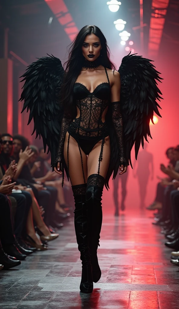 Beautiful 20-year-old black supermodel at Victoria's Secret show, 1 person, Smiling, Best Quality, Masterpiece, Slender body type, Detailed face, Skin radiance, high heels, angel wings, Knee boots or more, Diamond Good, s whole body, The last model pose, Runway,
