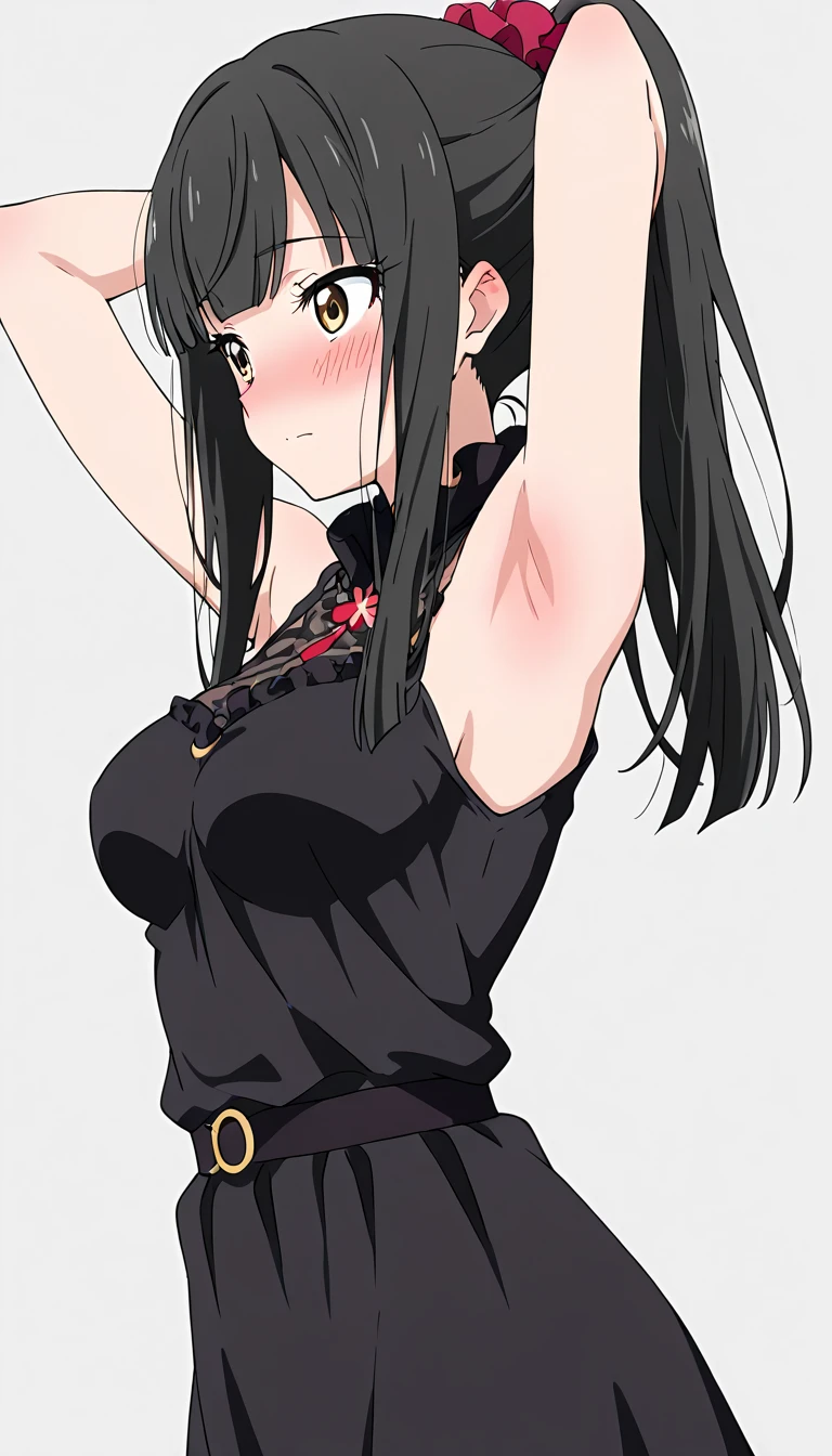 Optimal,masterpiece,High resolution,highest quality,hyper hd,Super detailed,award-winning,16k,alone,(cowboy shot)、cute face,,black hair、long hair、twin tails、 hair line,((scarlet eyes)),long eyelashes,drooping corners of the eyes,Are standing、open your legs、slender legs、white skin,((shoot from below)), ((See-through camisole:1.5)), ((transparent nipples))、rocket tits , ((big breasts:1.2)),