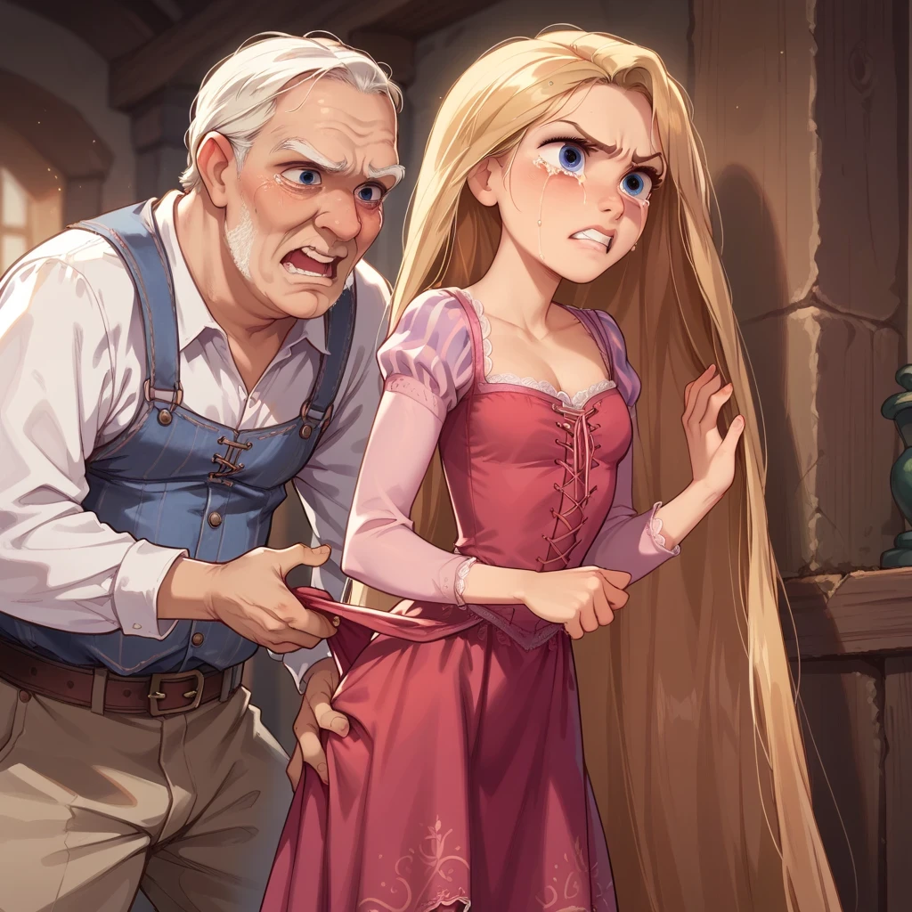 1girl ,rapunzel, skinny, beautiful, blue eyes, ((red dress)), angry, crying, old man grabs her ass under the skirt, grabbing girl´s panties,