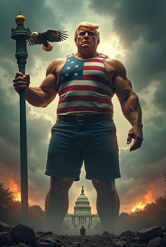 hyperrealistic, an obese donald trump dressed in a loin cloth while swinging from a vine strewn across the front lawn on the WHite House which is on fire
