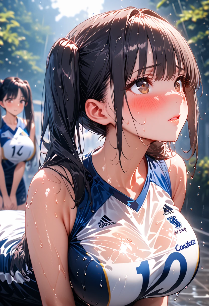 perfection、masterpiece、(Highest quality、High resolution:1.2)、 1 person、Beautifully detailed eyes、Beautiful pink lips、Highly detailed eyes and face、Bright colors、HDR、Studio Lighting、Ultra-high definition painting、Sharp focus、Physically Based Rendering、Extremely detailed depiction、moderate bust、perfectionな形、Facing the viewer、Sweat、Volleyball Player、((Sleeveless navy blue volleyball uniform))、Braided Hair、Twin tails、Pigtails