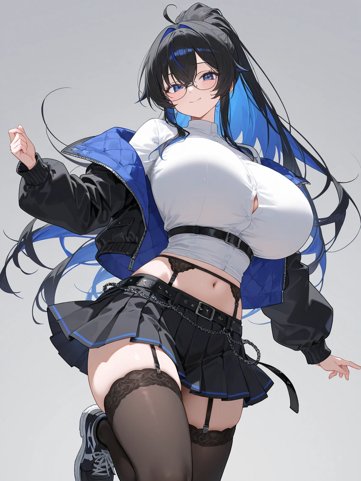 realistic image, coherent image, detailed image, 1 beautiful elf. She has long hair, black hair. Her eyes are turquoise, long eyelashes. Her face is oval and delicate, smiling. She is wearing a lace bra, pleated mini skirt. She has a curvy body, medium breasts, thick thighs. sexy pose. with arms crossed. view of her full body. White background, uniform background. natural lighting, volumetric lighting